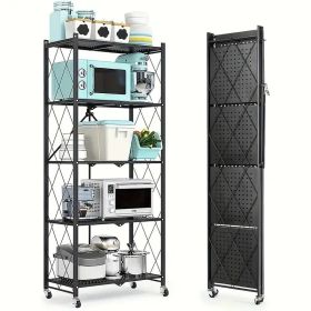 5-Tier Foldable Storage Rack with Wheels Multi-Purpose Metal Organizer for Kitchen Garage Laundry Room No Assembly Required Mobile Storage Shelf