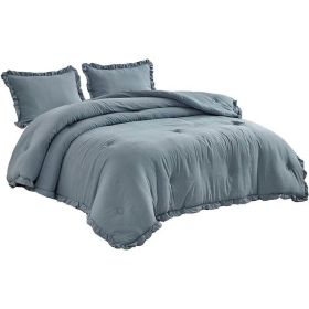 Blue Stone Washed Ruffled Edge Microfiber 3-Piece Comforter Set (size: King Size)
