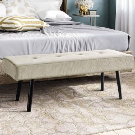 Mid-Century Upholstered End of Bed Bench with Black Metal Legs (Color: Beige Corduroy)