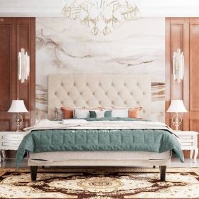 Beige Linen Upholstered Platform Bed with Button-Tufted Headboard (size: King Size)