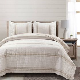 3 Piece Stripe Reversible Cotton Quilt Set (Color: Beige White, size: King Size)