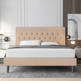 Beige Linen Platform Bed Frame with Button Tufted Headboard (size: King Size)