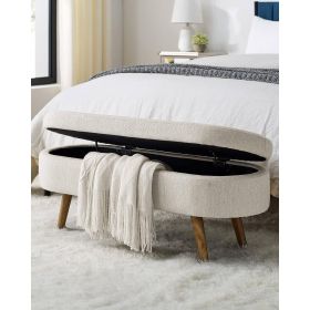 Mid-Century Modern Boho Style Bedroom Storage Bed Bench (Color: Off-White Beige Linen)