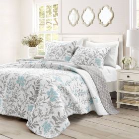 Blue Grey Floral Lightweight Thin Polyester Fabric 3-Piece Quilt Set (size: King Size)