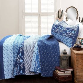 Blue Boho Floral Birds Reversible Quilt Set (Color: Blue, size: King Size)