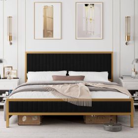 Gold Metal Platform Bed Frame with Black Velvet Upholstered Headboard (size: King Size)