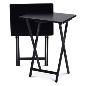 Set of 2 - Folding TV Tray Table Set Wood Finish (Color: Black)