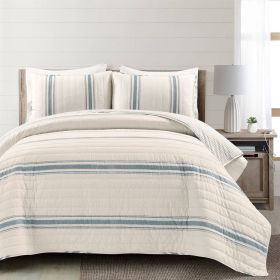 Striped 3 Piece Reversible Cotton Quilt Set (Color: Blue Off-White Cream, size: California King)