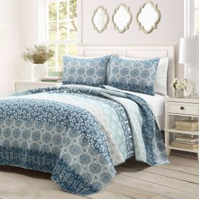 Lightweight 3 Piece Reversible Botanical Damask Quilt Set (Color: Blue, size: Cal King)