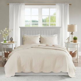 Full/Queen size 3-Piece Reversible Scalloped Edges Microfiber Quilt Set in Cream (size: Full/Queen)