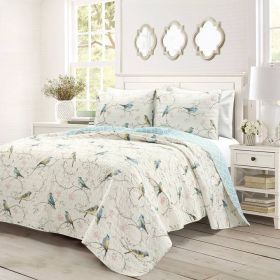Reversible Polyester Lightweight Floral Birds 3 Piece Quilt Set (size: King Size)