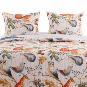 Blue Beige Birds Animals Floral Microfiber Reversible Quilt Set (Option: 3-Piece, size: Full/Queen)