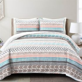 Scandinavian Chevron Teal White Orange Brown Reversible Cotton Quilt Set (size: King Size)