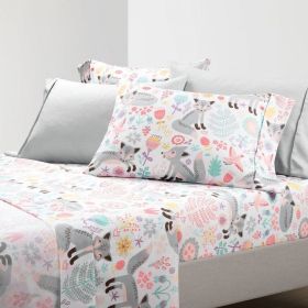 Floral Fox Birds Soft Polyester 6 Piece Sheet Set (Option: 6 Piece, Color: Pink Grey White Teal, size: Full Size)