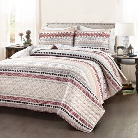 Lightweight Stripe Reversible 3 Piece Quilt Set (Color: Red Purple Black Tan, size: King Size)