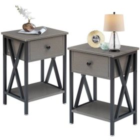 Set of 2 - 1 Drawer Nightstand in Wood Finish (Color: Grey Black)