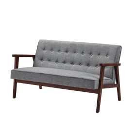 Mid-Century Modern 2-Seat Loveseat Sofa Couch Wood Frame Button Tufted (Color: Grey)