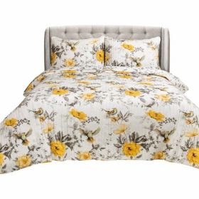 3 Piece White Yellow Grey Reversible Floral Birds Cotton Quilt Set (size: King Size)