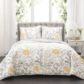 Yellow Grey Floral Light Thin Cotton Polyester Blend Quilt Set (size: King Size)