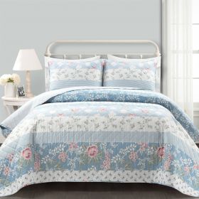 Floral Cottage Lightweight 3-Piece Quilt Set (Color: Blue Pink White Beige, size: King Size)