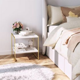 Industrial Modern Metal Wood Top Nightstand End Table with Shelf (Option: Metal, Color: Gold White)