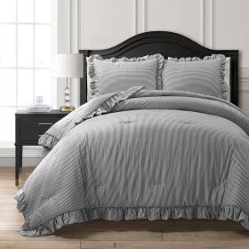 Striped Ruffle Reversible 3 Piece Comforter Set (Color: Grey White, size: Cal King)