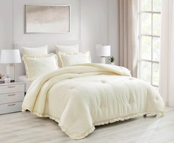 Ivory Microfiber 3-Piece Comforter Set with Ruffled Edge Trim (size: King Size)