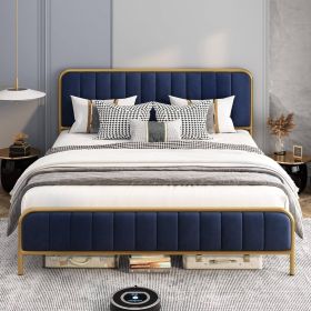 Metal Platform Bed Frame with Navy Blue Velvet Upholstered Headboard (size: King Size)