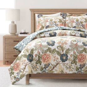 Floral Country Cottage Blue Green Coral Beige 3 Piece Comforter Set (size: Cal King)