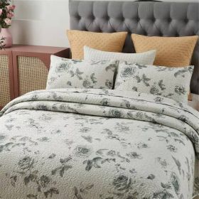 Boho Floral Botanical Flowers Reversible Quilt Set (Color: Beige Grey, size: King Size)