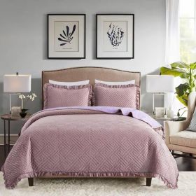 Velvet Microfiber Polyester Reversible 3-Piece Quilt Set (Color: Violet Rose-Wood, size: King Size)