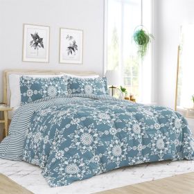 3-Piece Blue and White Reversible Floral Striped Comforter Set (size: King Size)