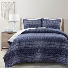 Scandinavian Chevron Navy Blue White Reversible Cotton Quilt Set (size: King Size)