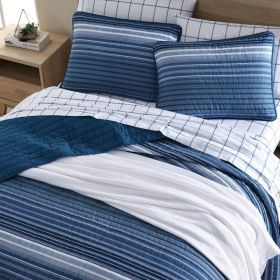 Coastal Blue Stripe Reversible Cotton Quilt Set (size: King Size)