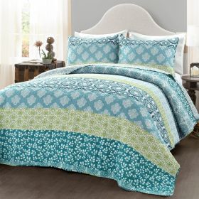 Cotton 3 Piece Reversible Blue White Green Floral Damask Quilt Set (size: King Size)