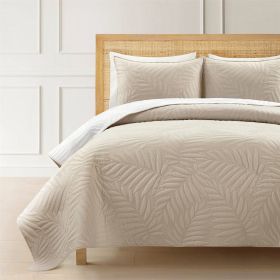 Full/Queen Lightweight Fern Leaf Reversible 3-PC White Beige Cotton Quilt Set (Color: White Beige, size: King Size)