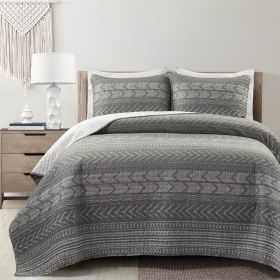 Scandinavian Dark Grey Chevron Stripe Reversible Cotton Quilt Set (size: King Size)
