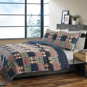 Farmhouse Red Navy Plaid 100-Percent Cotton Reversible Quilt Set (size: King Size)