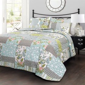 Boho Floral Cotton Lightweight Quilt Set (Color: Blue, size: King Size)