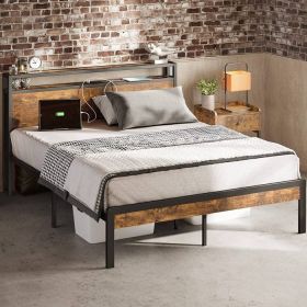 Industrial Platform Bed Frame with Storage Headboard and Power Outlets (size: King Size)