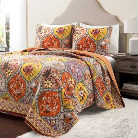 Boho Floral Lightweight Cotton Orange Mauve Yellow 3-Piece Quilt Set (size: King Size)