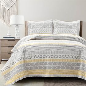 Scandinavian Chevron Stripe Reversible Cotton Quilt Set (Color: Grey Yellow White, size: King Size)