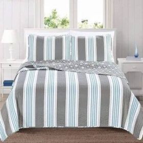 Coastal Starfish Sand Dollar Grey Blue White Nautical Quilt Set (Option: 3 Piece)