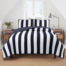 3 Piece Reversible Navy White Stars Stripes 100-Percent Cotton Quilt Set (size: King Size)