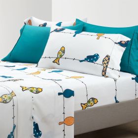 Floral Birds on Wire Soft Polyester 6 Piece Sheet Set (Color: Teal Yellow White, size: King Size)