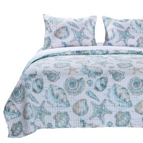Coastal Seashells 3 Piece White Teal Polyester Reversible Quilt Set (size: King Size)