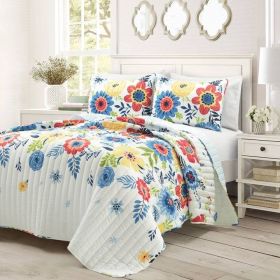 Lightweight Floral 3-Piece Polyester Quilt Set (Color: Navy Blue Coral White, size: King Size)