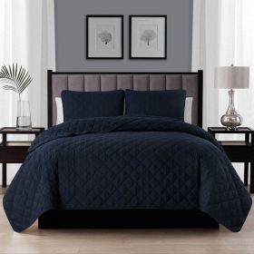 Navy Blue Polyester Microfiber Reversible Diamond Quilt Set (Option: 3-Piece, size: King Size)