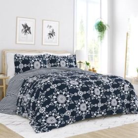 3-Piece Navy Blue White Reversible Floral Striped Comforter Set (size: King Size)