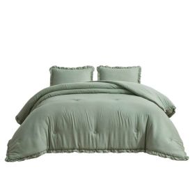 Microfiber 3-Piece Comforter Set with Ruffled Edge Trim (Color: Sage, size: King Size)